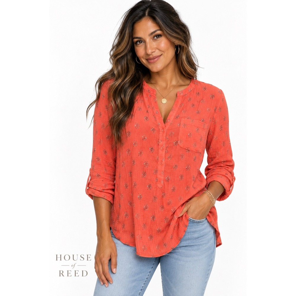 Old Navy Womens Coral Orange Floral Cotton Gauze Button Up Tunic Blouse Size M